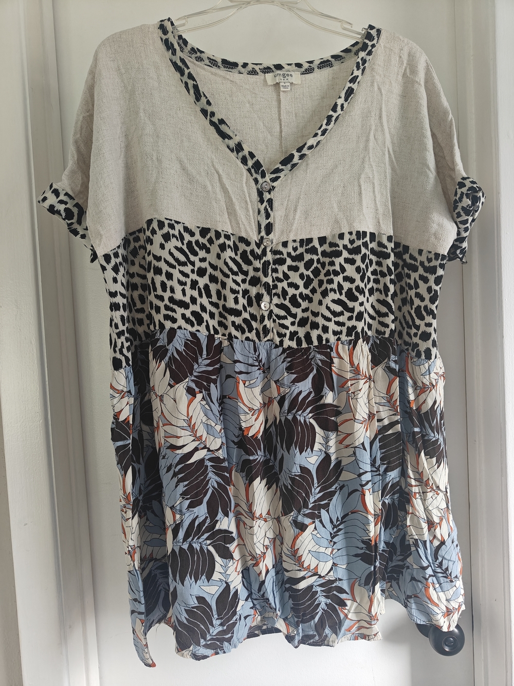 Umgee Lightweight Mixed-Print Short Sleeve Tunic - Beige, Blue & Brown